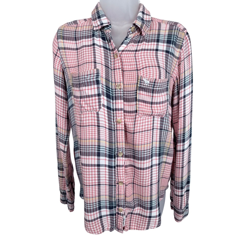 Abercrombie Fitch Plaid Button Shirt Pink Gray XS Cotton Flannel Pocket Logo